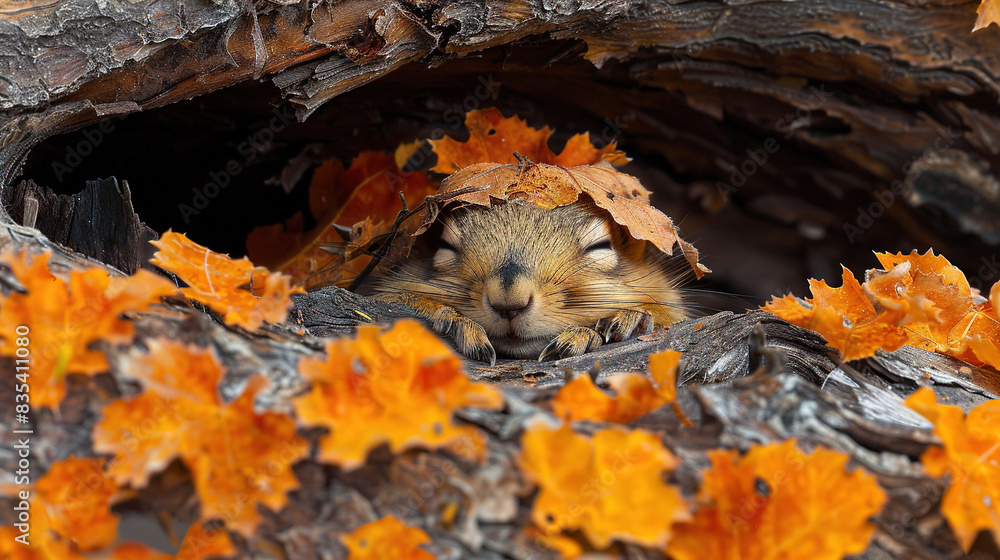 Poster a high-focus image of a tiny creature perched on tree branches with foliage covering its head and a 