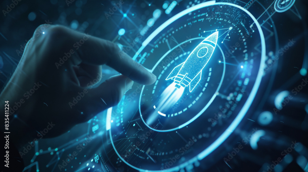 Poster Close-up of a hand manipulating a 3d digital rocket icon on a futuristic display