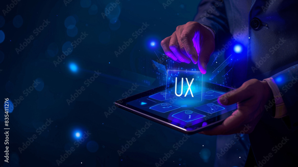 Poster Close-up of a person interacting with a ux interface projected from a tablet device
