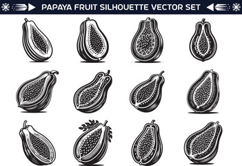 Papaya fruit silhouette vector illustration set