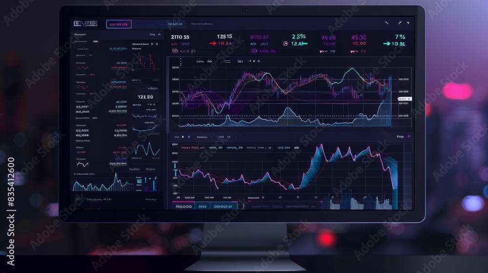 Poster a computer monitor showing a detailed stock chart with various data points and trends.