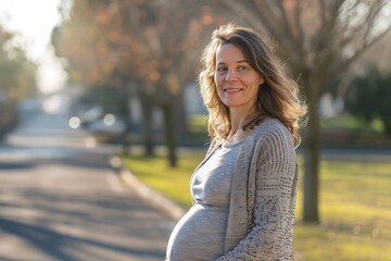 A pregnant woman in her late 30s, smiling gently, standing on a suburban street in the sunlight. She is wearing a grey knit sweater, cradling her belly, showcasing a sense of anticipation and joy