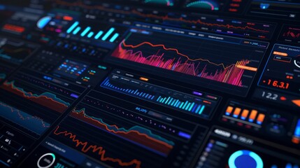 Obraz premium Multiple screens displaying a variety of graphs, charts, and data analytics.