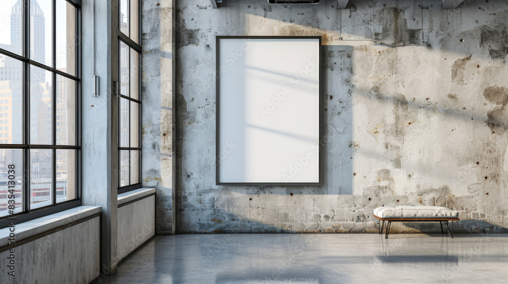 Canvas Prints spacious urban loft featuring an empty poster frame on a weathered concrete wall, with natural light