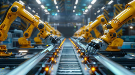 Industrial robotic arms working on a conveyor belt in a high-tech manufacturing plant
