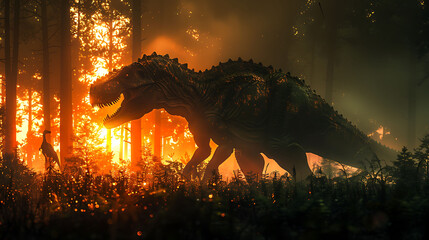 Carnotaurus stalking its prey in a dark misty forest with other dinosaurs