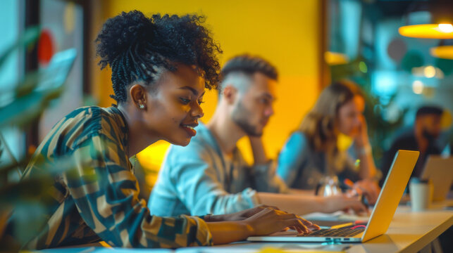 Vibrant collaborative workspace where young adults work on laptops