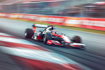 Obraz premium Race car speeding on track. Sports car with motion blur effect at Grand Prix of motorsport