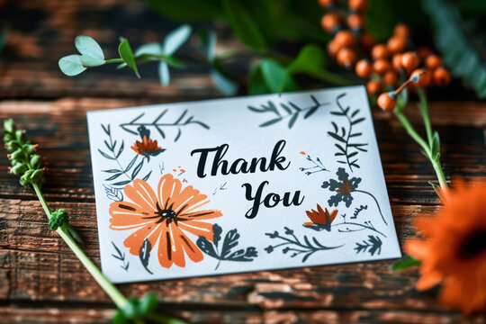 Thank you card with elegant calligraphy text, surrounded by flowers. Hand-lettered words Thank You on paper greeting card