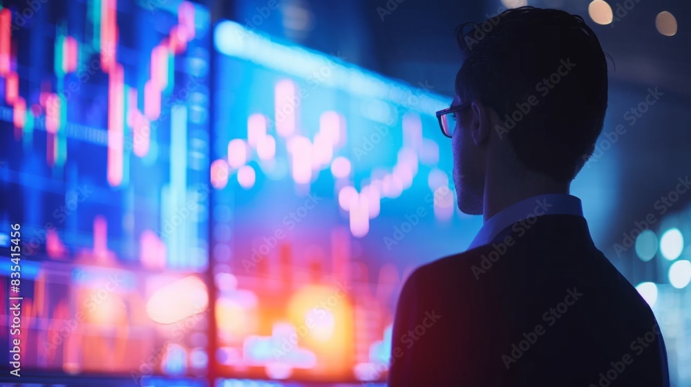 Aufkleber a man in a formal suit and glasses attentively studying a stock chart displayed on a digital device.