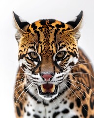 Obraz premium Mystic portrait of Amazon Ocelot, copy space on right side, Anger, Menacing, Headshot, Close-up View Isolated on white background
