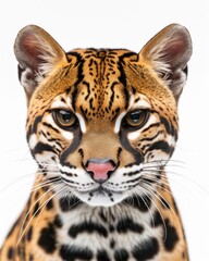 Obraz premium Mystic portrait of Amazon Ocelot, copy space on right side, Anger, Menacing, Headshot, Close-up View Isolated on white background