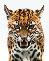 Obraz premium Mystic portrait of Pantanal Ocelot, copy space on right side, Anger, Menacing, Headshot, Close-up View Isolated on white background