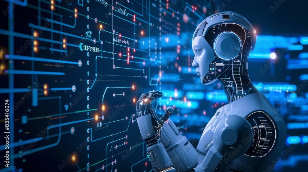 Aufkleber a robot making contact with a wall that displays a cutting-edge interface, showcasing advanced techn