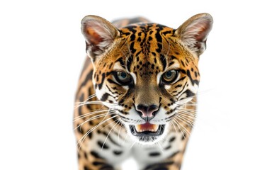 Fototapeta premium Mystic portrait of Southeastern Ocelot studio, copy space on right side, Anger, Menacing, Headshot, Close-up View Isolated on white background