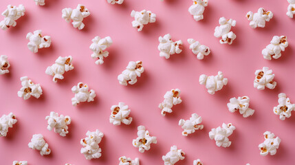 Popcorn scattered on a pink background