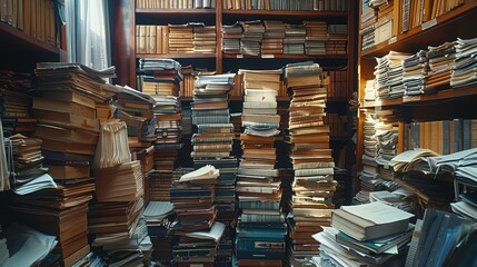 Obraz premium Experience the order and efficiency of a meticulously organized stack of paperwork and documents neatly arranged in folders, captured in stunning imagery