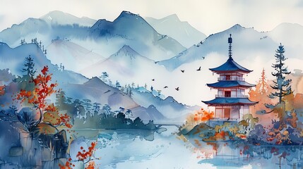 Obraz premium Experience the timeless artistry of watercolor and Chinese ink paintings depicting a serene landscape with Japanese pagoda and mountains
