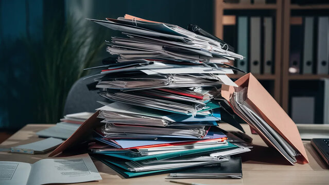 A pile of messy files and folders on a desk, inefficient management and lack of organization, bad business