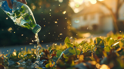 A conceptual image showcasing an ecological approach to plastic recycling features a watering can, crafted from recycled plastic, nourishing vibrant plants.