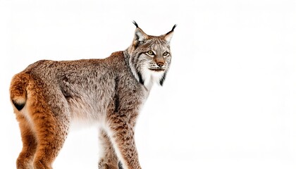 Canada or Canadian lynx - Lynx canadensis - a medium sized wild cat with long, dense fur, triangular ears with black tufts at the tips, and broad, snowshoe like paws. Isolated on white background
