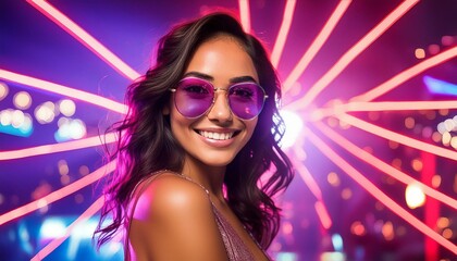A young woman, joyfully immersed in the vibrant atmosphere of a nightclub, is illuminated by purple and pink spotlights, sporting sunglasses amidst the pulsating laser lights.