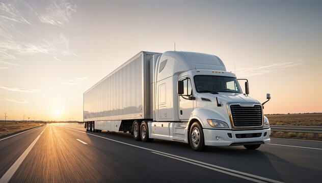  Modern white commercial truck with a blank white trailer driving on a highway in the American heartland.
