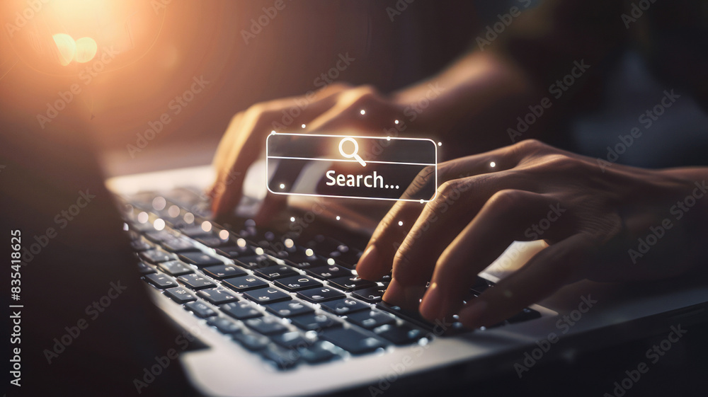 Poster digital inquiry: typing on a laptop with floating search bar interface