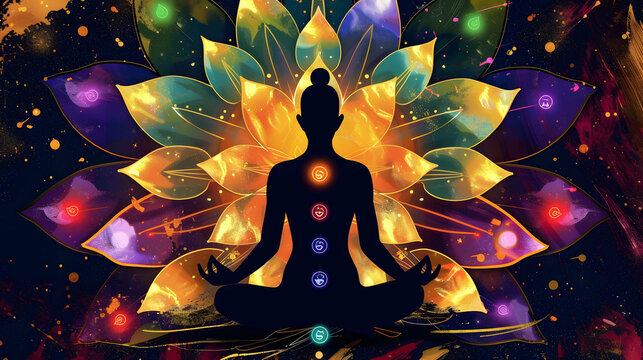 A close-up view of a person meditating with a serene expression, surrounded by vibrant, glowing chakra symbols representing different energy centers.
