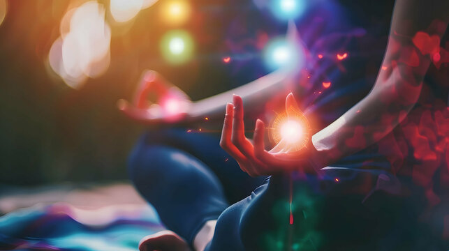A close-up view of a person meditating with a serene expression, surrounded by vibrant, glowing chakra symbols representing different energy centers.