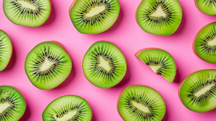 Fototapeta premium Sliced kiwi fruits on a pink background