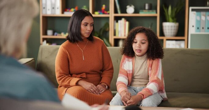 Child, mother and psychology or mental health in therapy for daughter trauma, behavior problem and sad. Family, parent and kid in counseling session for depression, anxiety and professional support
