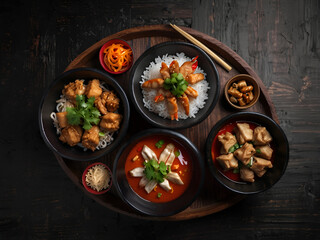 Asian cuisine, various dishes on wooden table from Asian cuisine, view from the top