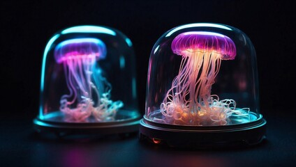 Transparent glass containers with miniature glowing  jellyfish