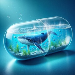 Transparent medical capsule contains miniature ocean with blue whale swimming inside