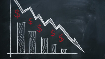 A chalkboard with financial charts plummeting and dollar signs in red, out of business, crisis