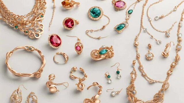 Different types of jewelry like necklaces, bracelets, and earrings floating gracefully on a white background