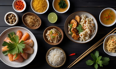 Asian cuisine, various dishes on wooden table from Asian cuisine, view from the top