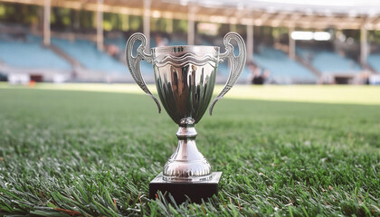 Silver cup on stadium, on green grass. Sport trophy. Close-up.