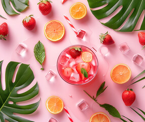 creative summer pink concept background with drink and fruits and tropical leaves