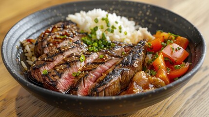 Grilled steak filet accompanied by a chicken rice bowl