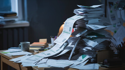 A stack of unpaid bills and invoices on a desk, financial strain and cash flow problems, bankrupt business