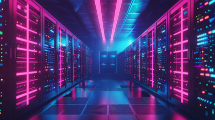 Vibrant data center scene: Operational server racks highlighting modern tech like telecommunications cloud computing AI database Dark backdrop with neon blue pink lights Futuristic feel 