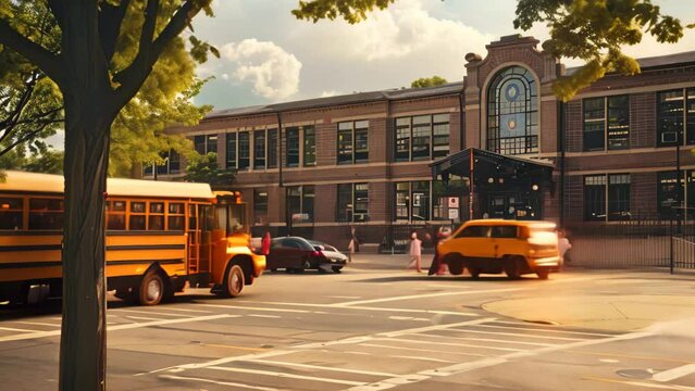 A yellow school bus is seen driving down a street, A school bus dropping off children in front of a bustling school building