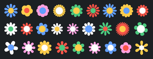 Set of abstract flowers in brutalist style. Modern vector illustration on black background. Geometric flower set. Abstract minimal daisy elements. Brutalist design. Vector illustration
