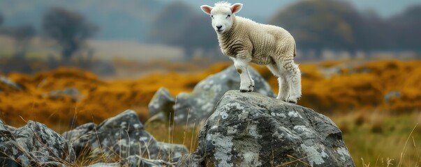 A lone lamb stands atop a rocky hill, bathed in the warm glow of a setting sun on a tranquil evening