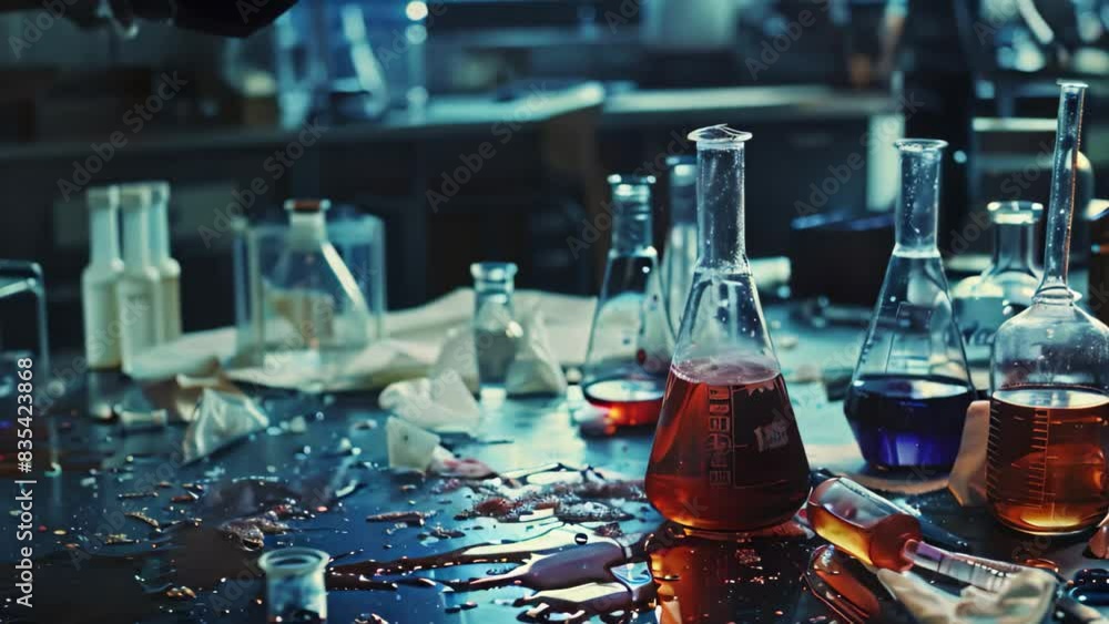 Poster numerous bottles filled with various liquids are arranged on a table, likely part of a science exper
