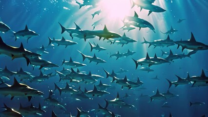 A school of synchronized sharks swimming in the ocean, A school of sharks in perfect synchronization as they hunt for prey
