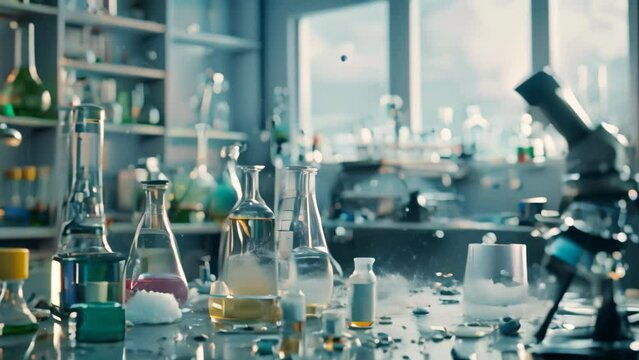 Diverse Colored Liquids in Laboratory, A science experiment gone wrong, with beakers and test tubes scattered across the lab table