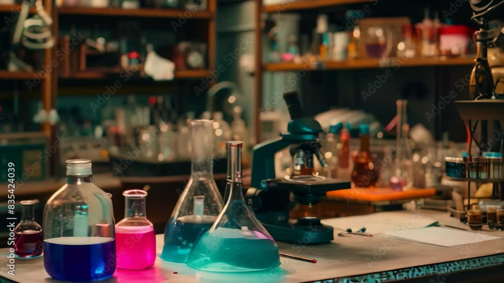 Poster a table in a science lab is filled with multiple bottles containing different liquids, a science lab